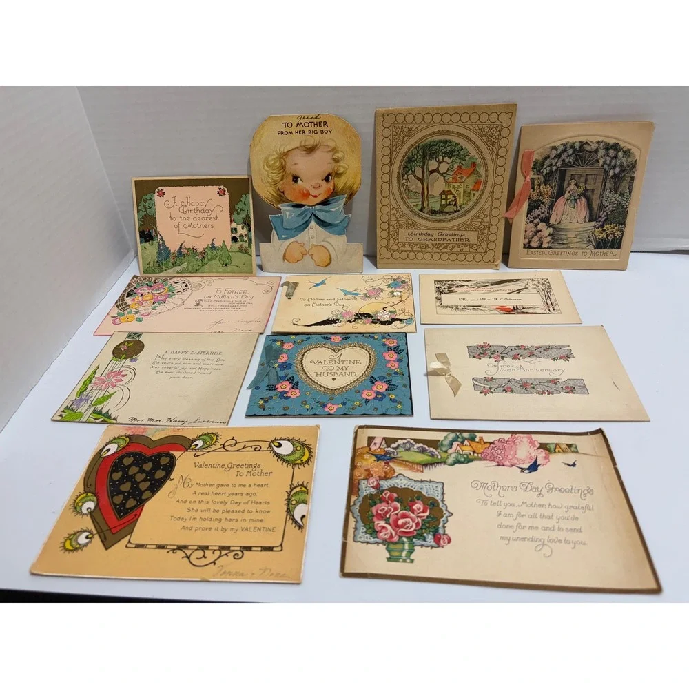 Lot 12 Vintage Greeting Cards 1925-40s • 2 UNUSED • Mother, Easter, Valentine
